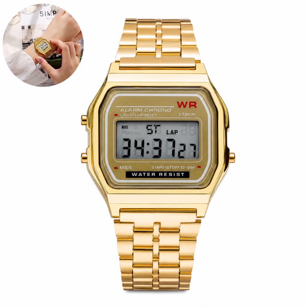Relógio Digital Wecin W901 LED Cronômetro Alarme Pulseira em Liga Dourada Casual