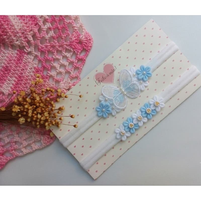 kit PERSONALIZADO branco para Batizado/festas Faixa de Cabelo bebê miçangas bordadas artesanalmente. Jardim Encantado RN
