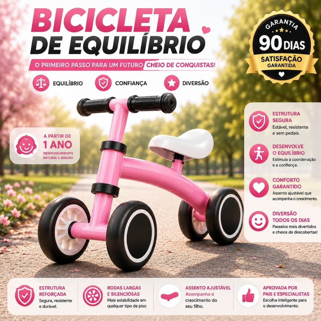 Bicicleta Infantil de Equilíbrio Sem Pedal Rosa Desenvolvimento Coordenação Motora Crianças Maior de 1 Ano Peso até 25kg