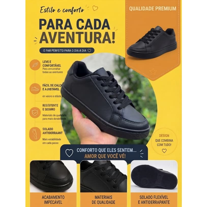 Tenis infantil escolar preto unisex menino/menina volta as aulas
