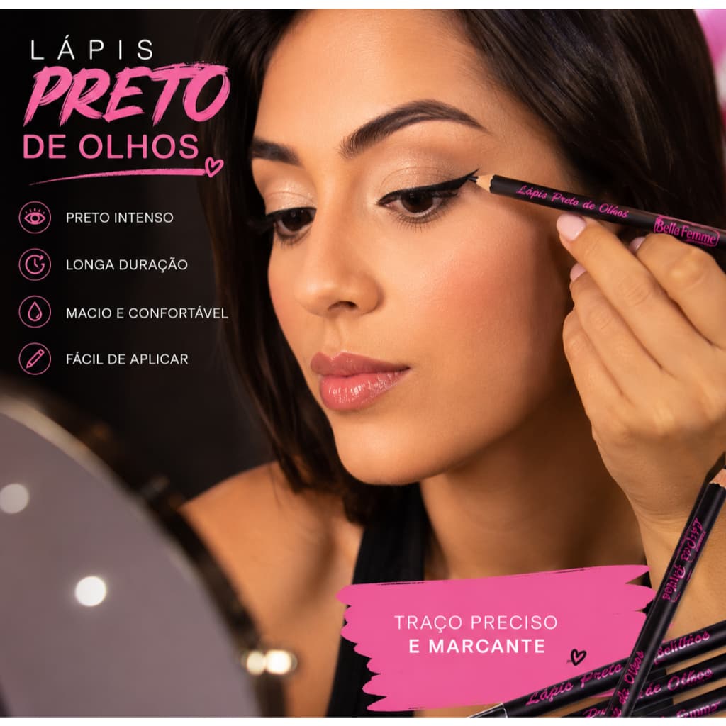 KIT 2 LAPIS PRETOS DE OLHO COM APONTADOR BELLAFEMME.