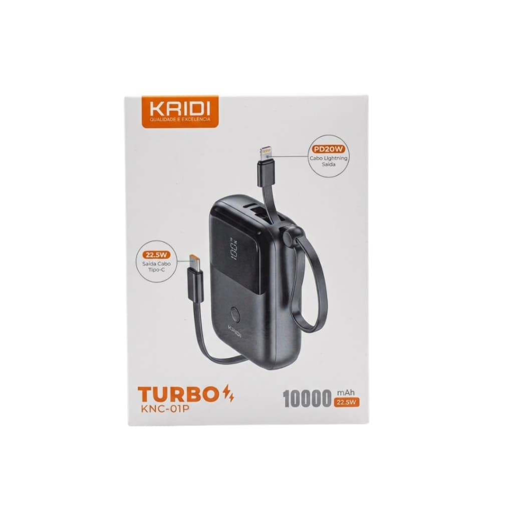 Power Bank Kaid KNC 01P Carga Rapida Portatil Turbo com 2 cabos embutidos 10.000mAh