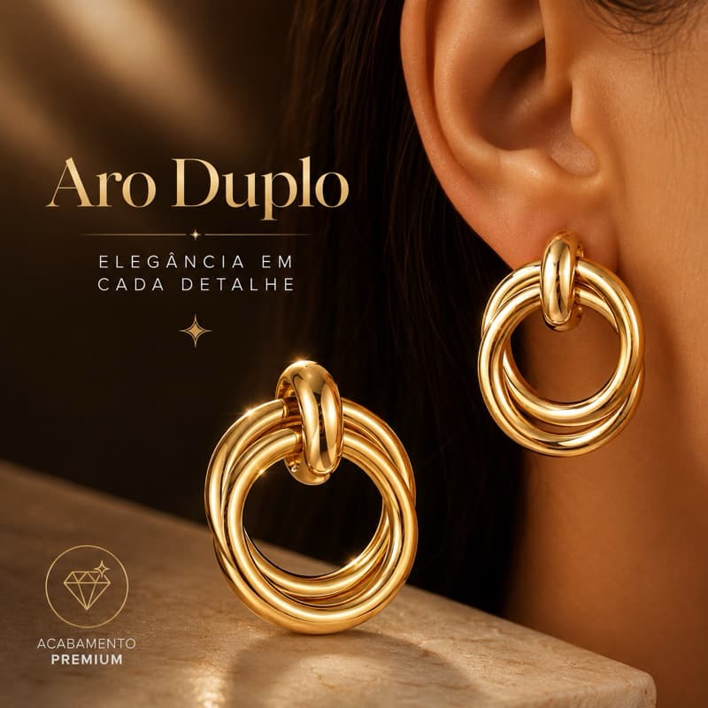 Brinco Dourado Feminino Elegante Geométrico Elo Duplo Moderno Luxo Fashion Tendência Premium Minimal