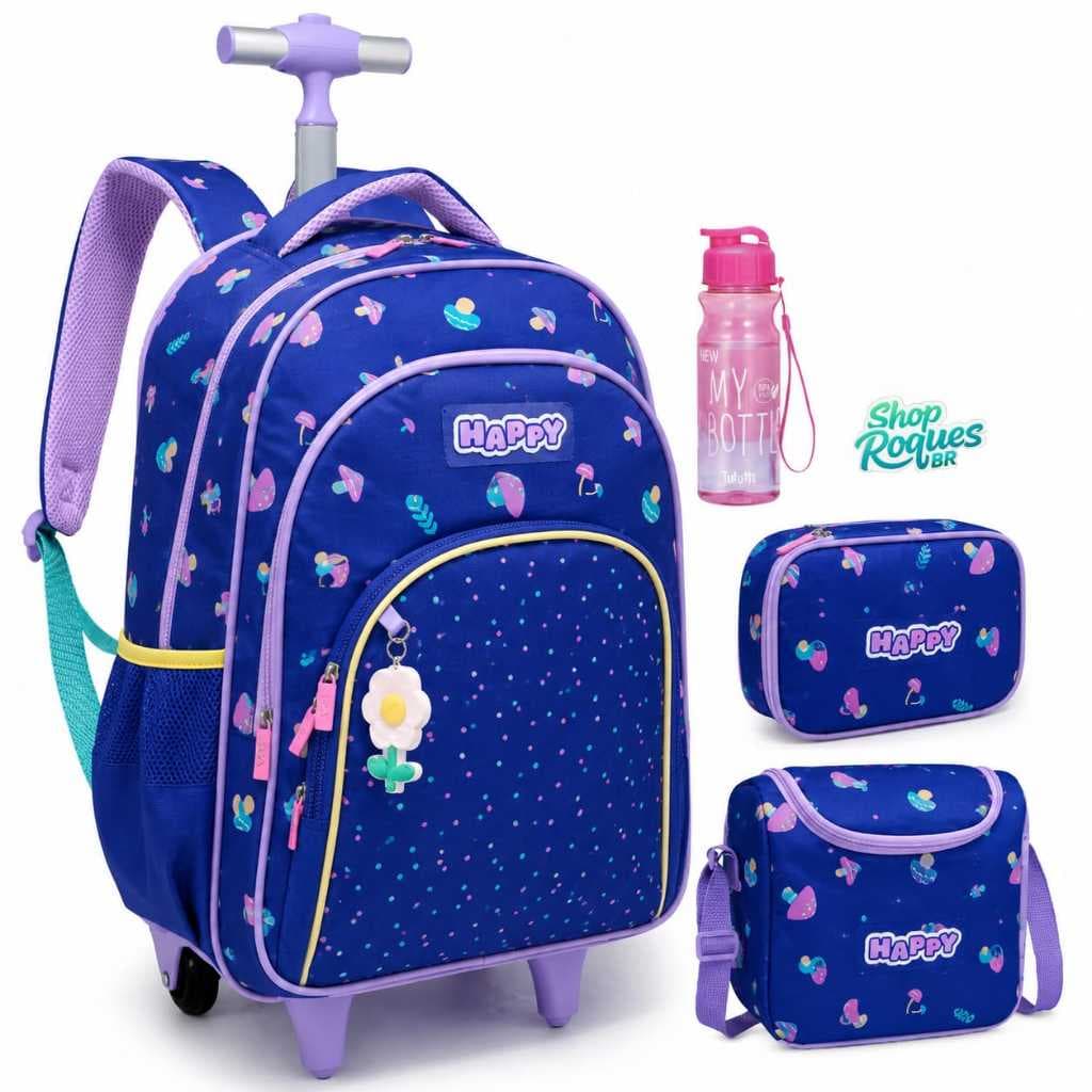 Kit Mochila escolar Happy  para meninas De Rodinhas / Lancheira / Estojo / Garrafinha - puxador T