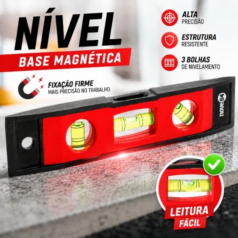 Nível de Bolha com Base Magnética Serralheria Pedreiro Gesseiro 6”  152 mm Nove54