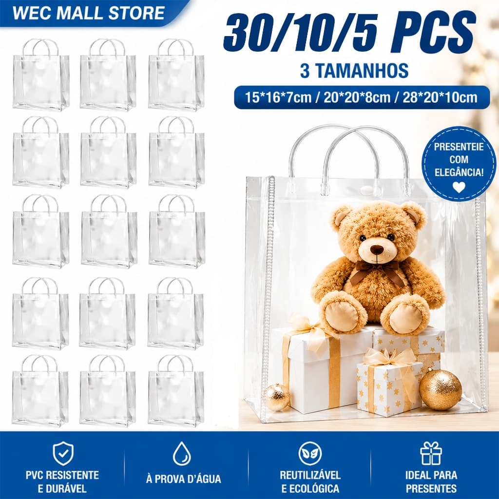 Kit 5/10/20/30 Sacola Transparente para Presentes Reutilizável PVC Lembrancinhas