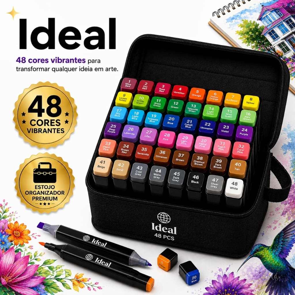 Kit 48 Canetas Hidrográficas Ideal Ponta Dupla Estojo Organizador Desenho Lettering Colorir Artesanato Escolar