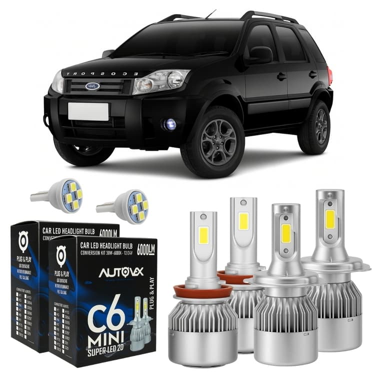 Kit Lâmpada Super Led Ford EcoSport 2003 A 2012 Farol Alto Baixo Milha 60000 Lm + Pingo T10 - Lâmpadas de Led