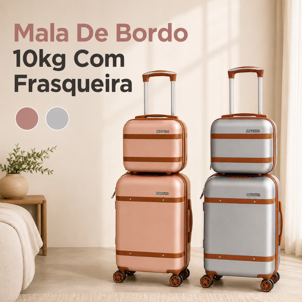 Mala De Bordo 10kg Com Frasqueira para Viagem Rígida ABS com Rodinhas 360°
