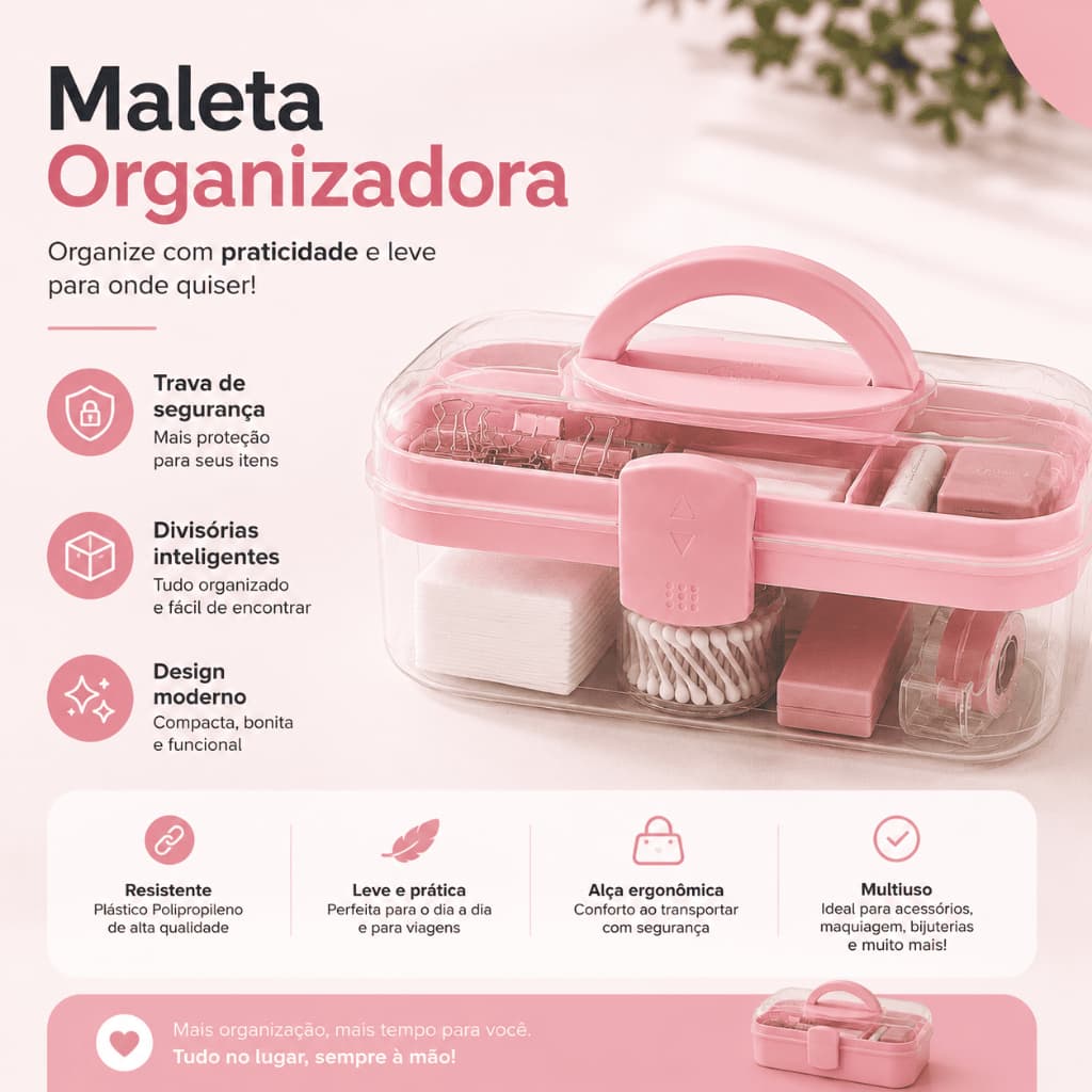 Maleta de Maquiagem Rosa Transparente Organizador Porta Cosméticos Esmaltes Pincéis com Bandeja