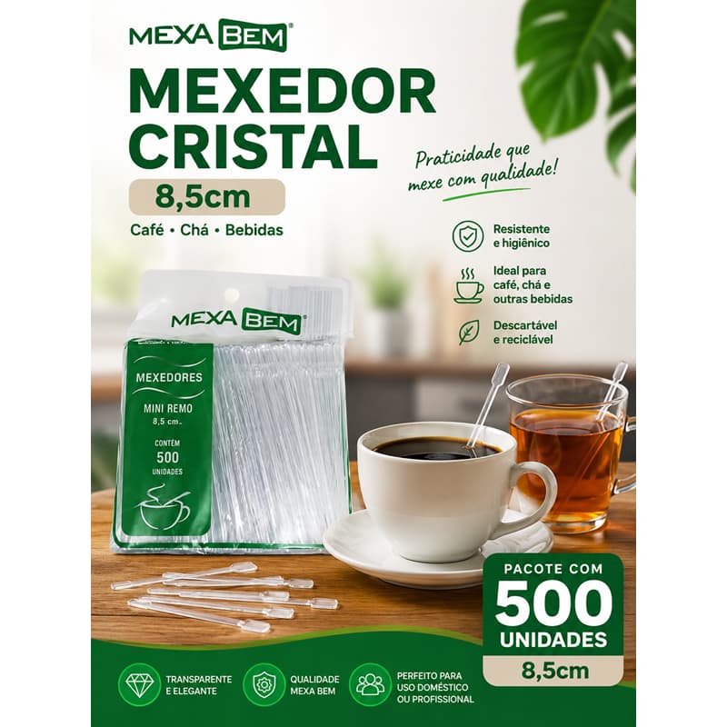 Mexedor Cristal 8,5cm Mini Remo para Café e Chá Mexa Bem – Pacote com 500 Unidades