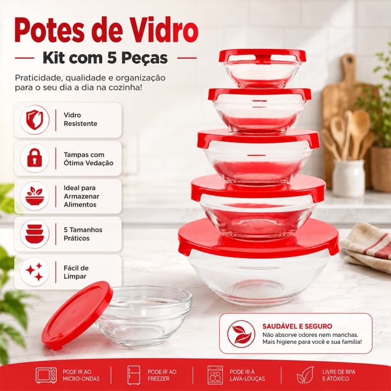 Kit 5 potes de Vidro Vermelho Para Sua Cozinha Ficar Mais Completa! Fazemos ENVIO RAPIDO
