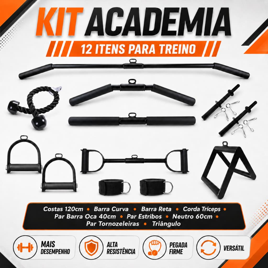 Kit Academia Puxadores Reto Curvo Costas Corda Polias Par Ocas 40cm Neutro 60cm Estribos Triângulo
