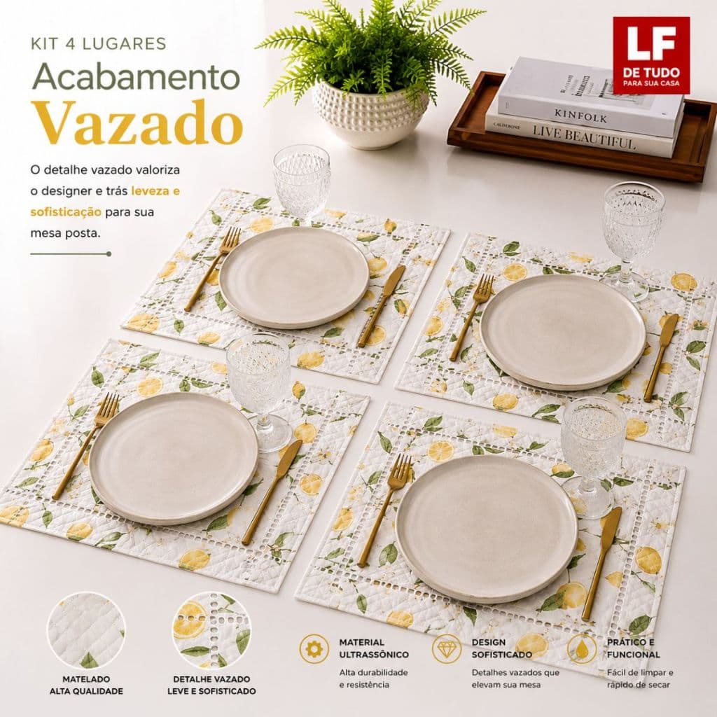 Kit com 01 Jogo Americano de 4 Peças Mesa Posta Retangular Estampado Para Mesa Jantar Medidas 48cm x 33 cm larg
