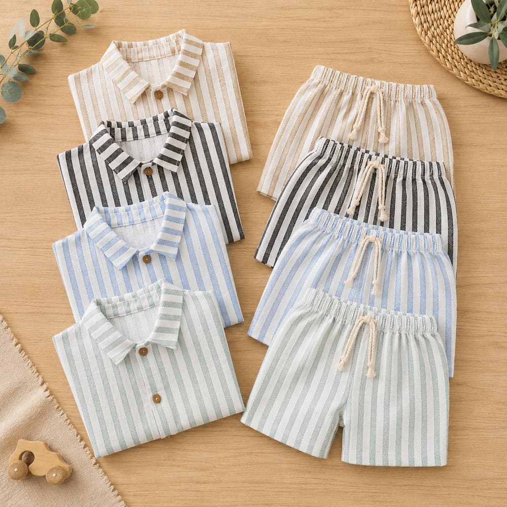 Conjunto Bebê Infantil Menino Listrado em Linho | Camisa com Botões + Short Mauricinho roupa bebê