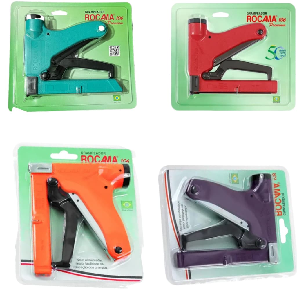 Grampeador Rocama 106 Premium Blister Cores Vermelho, Verde, Roxo e Lanraja.