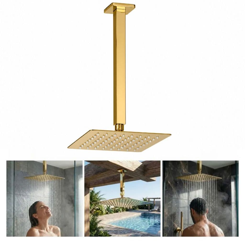 Ducha Chuveiro Luxo 20x20 Teto Quadrado Brilhante Dourado Soft Slim Jardim Varanda