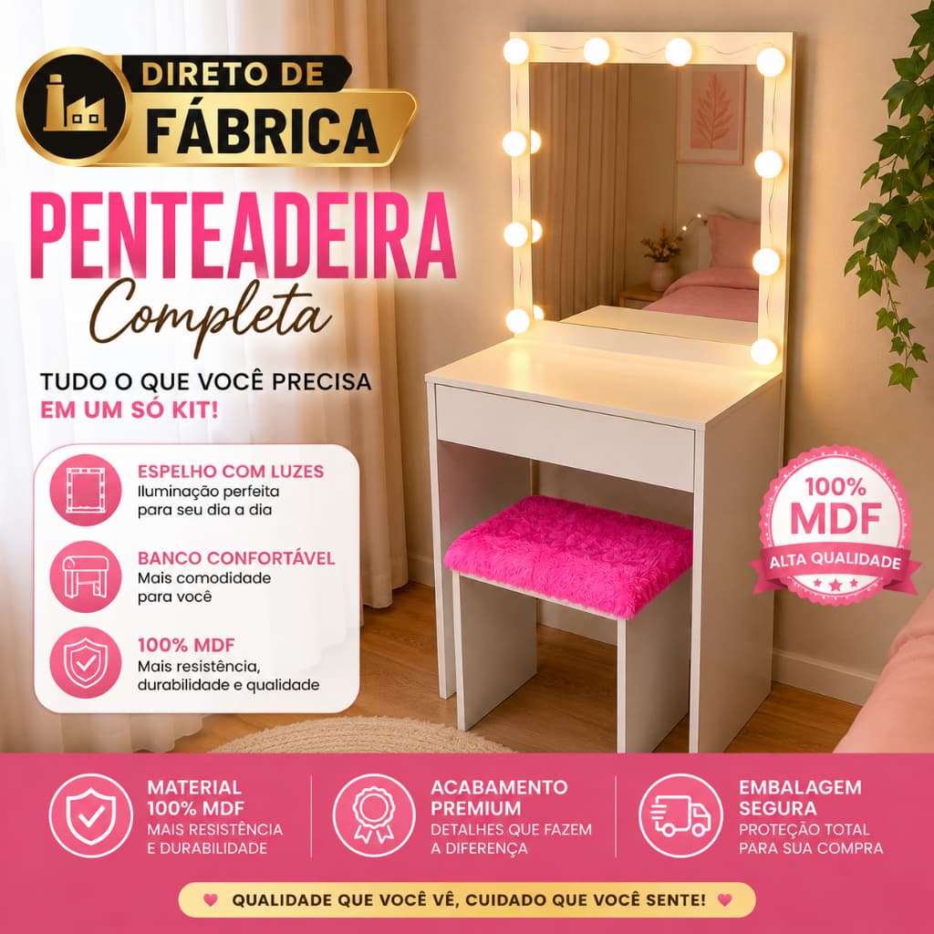 Penteadeira Camarim Banco Rosa Claro Led Com Variações e Espelho 50cm x 50cm Material Em MDF Sofie