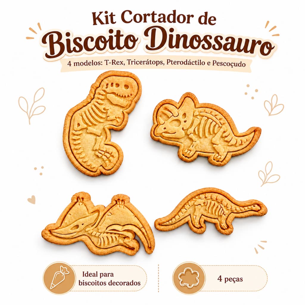 Kit Cortadores de Biscoito Dinossauro c/Carimbo -4 Modelos T-Rex Tricerátops Pterodáctilo e Pescoçudo