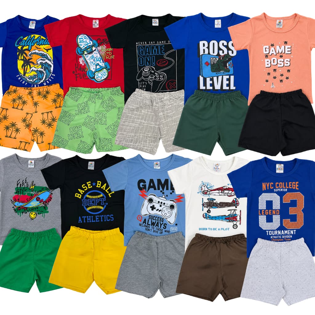 Kit 6 ou 10 Peças 3 ou 5 Conjunto Roupa Infantil Menino Verão Sortido Estampado Camiseta + Shorts