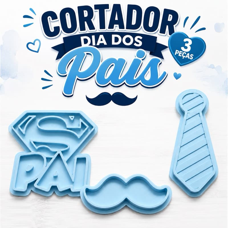 Cortador de Biscoito Dia dos Pais Kit 3 Peças com Carimbo PAI Gravata Bigode para Confeitaria e Biscoitos Decorados