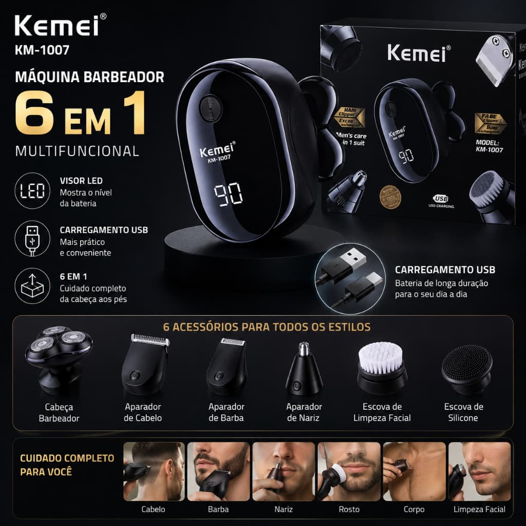 Máquina Barbeador Kemei KM-1007 Multifuncional 6 Em 1 Com Visor LED E Carregamento USB COD FN-SU-402