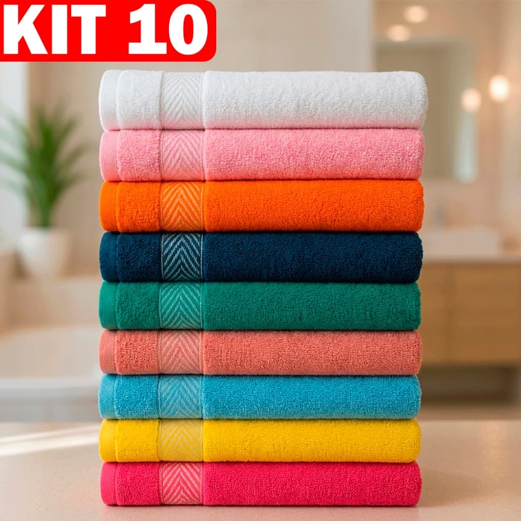 Kit 10 Toalhas de Banho Elleganza Banhão 65x120cm Macia Resistente 100% Algodão Alta Absorção