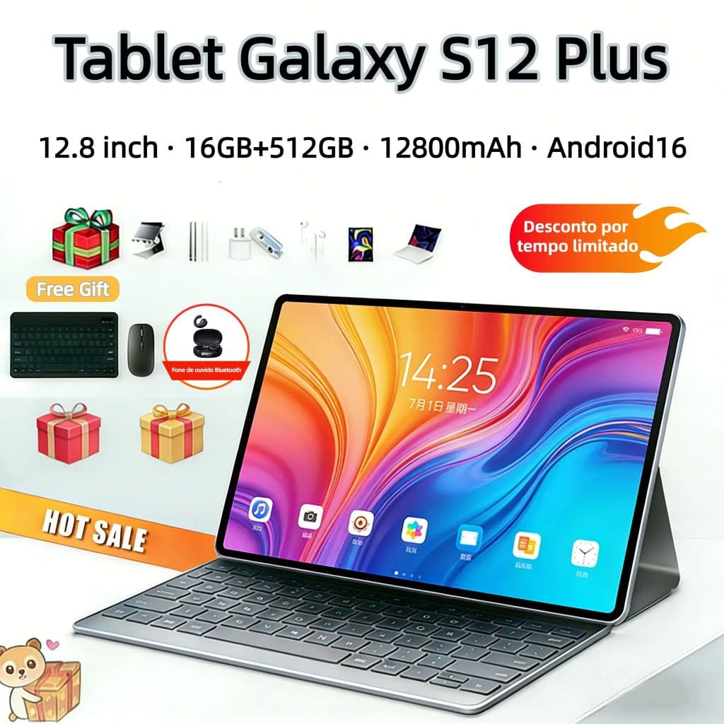 【Teclado + Mouse Grátis+Alto-falantes】Galaxy Tablet S12Plus 16 GB + 512GB 12.8-inch 12800mAh Android16 Dual SIM 5G WiFi