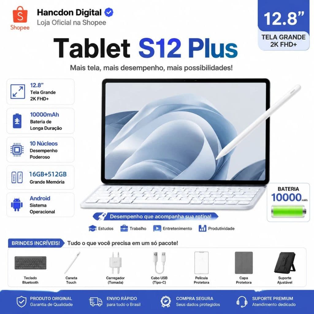 【Free Keyboard and mouse】S12 PLUS Tablet 12.8 Inch 16GB+512GB 10000mAh Battery Android Tablet 5G