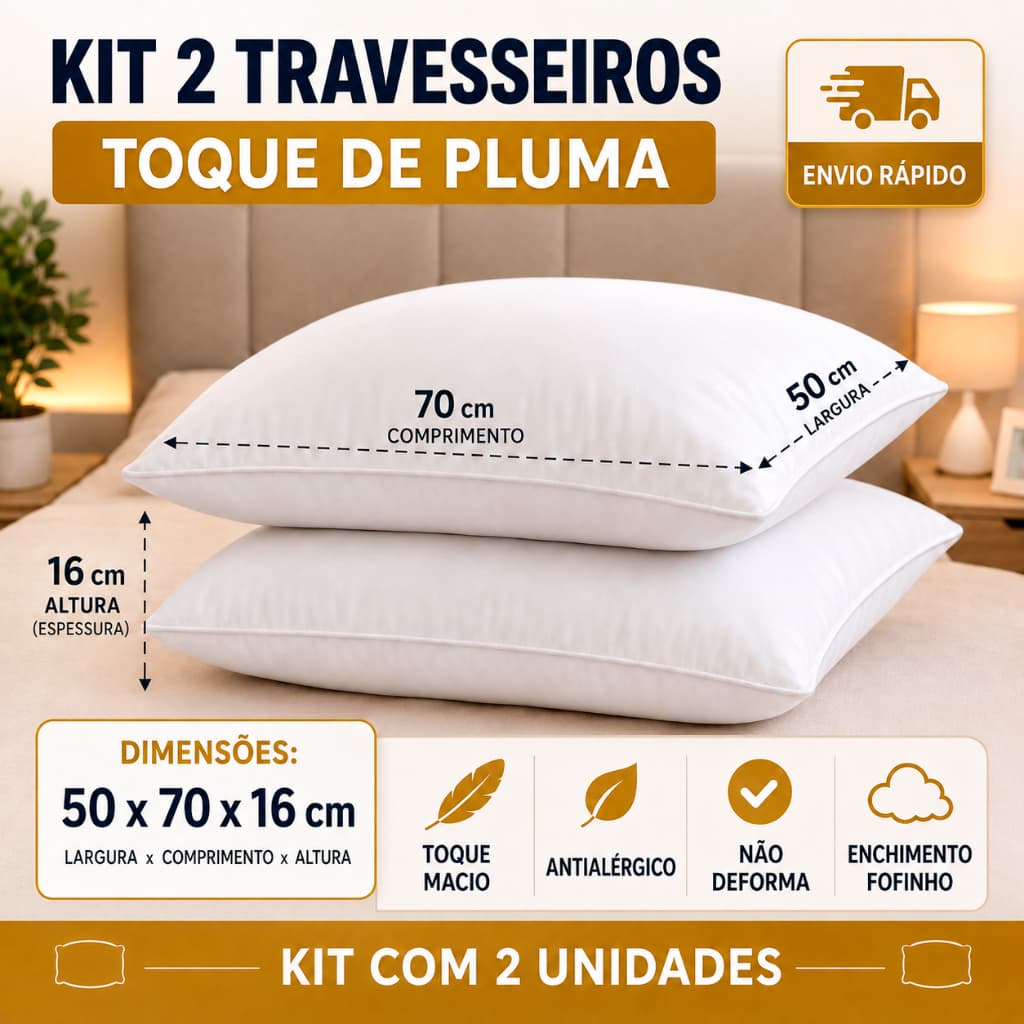 Kit 2 Travesseiros 50x70cm Toque De Pluma de Ganso Extra Macio Fofinho Antialérgico Antiácaro