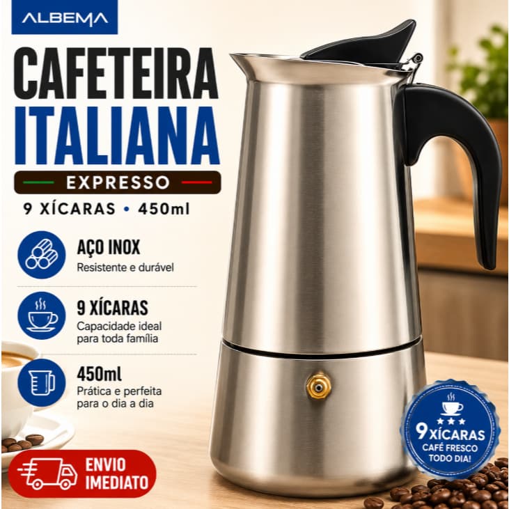 Cafeteira Italiana 450 ml para 9 Xícaras Almeba Expresso Alumínio Café Fogão Aço Inoxidável Prática