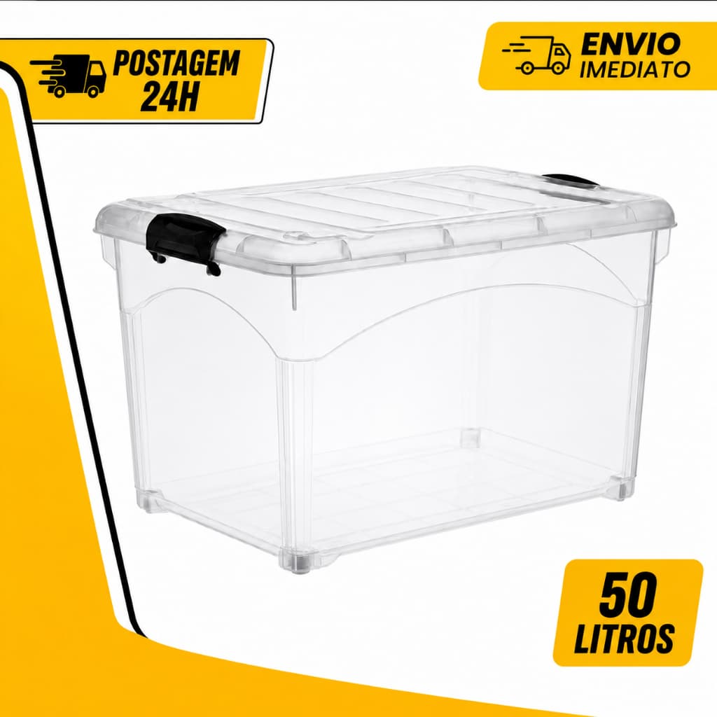 Caixa Organizadora Transparente 50 Litros Com Trava Para Transporte e Segurança Resistente