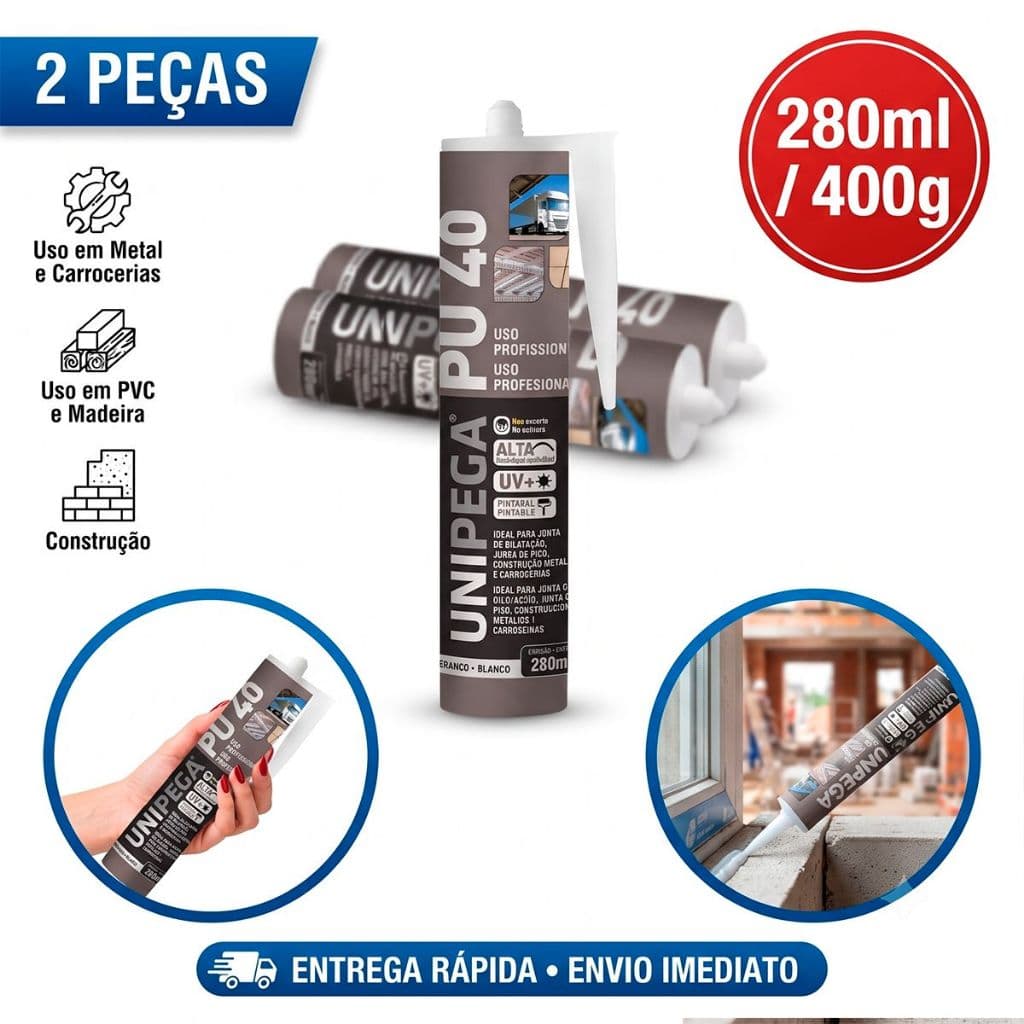 Kit 2 PU Cola de 40 Profissional Alta Resistência Para PVC Madeira Ceramica Metal Construção