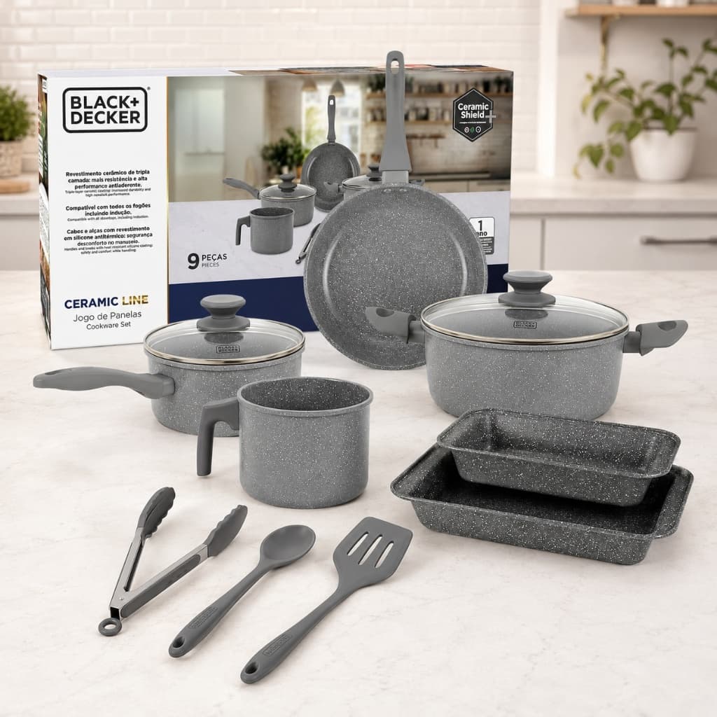 Conjunto de Panelas 9 Peças Cinza Black+Decker Antiaderente para Fogão de Indução Completo