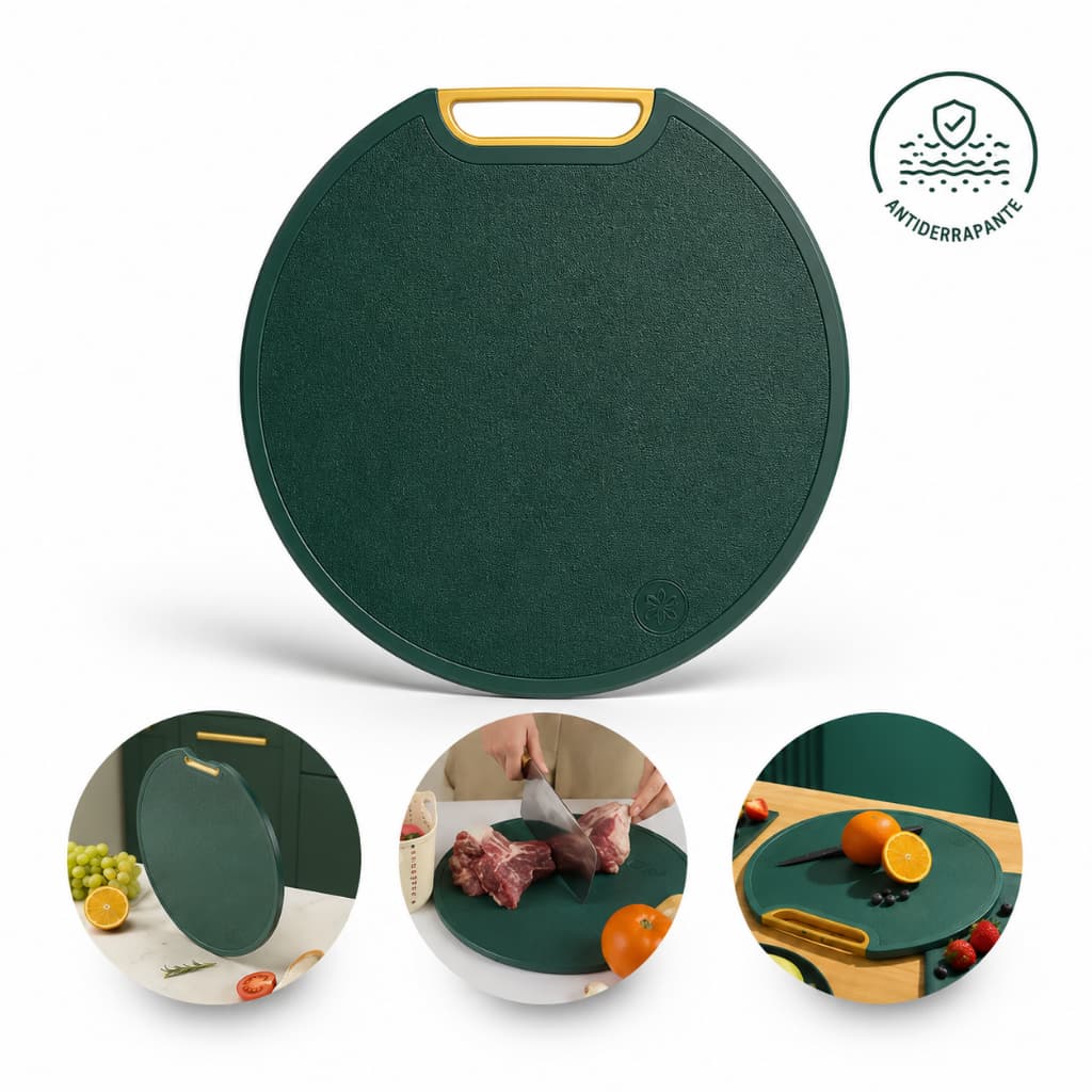 Tábua de Corte Redonda Antiderrapante 32cm BPA Free Plástico para Churrasco Carnes Legumes Cozinha Verde