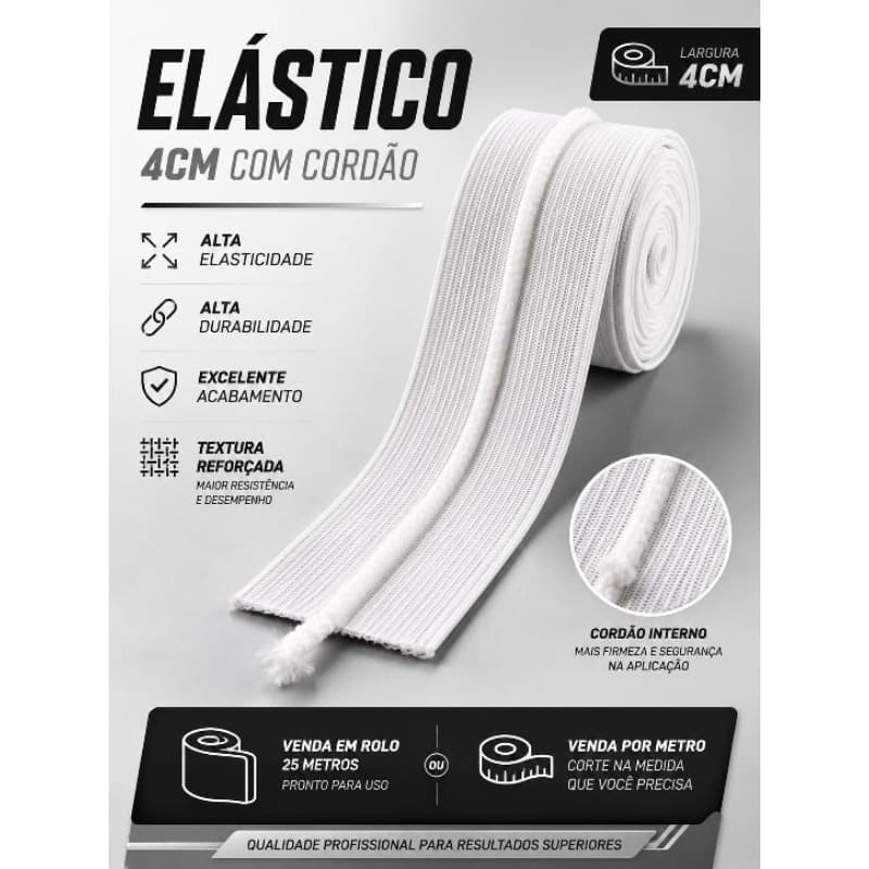Elástico Guepardo 4cm com Cordão Ajustável Alta Resistência para Costura e Confecção de Roupas, Cintos, Artesanato e Aca