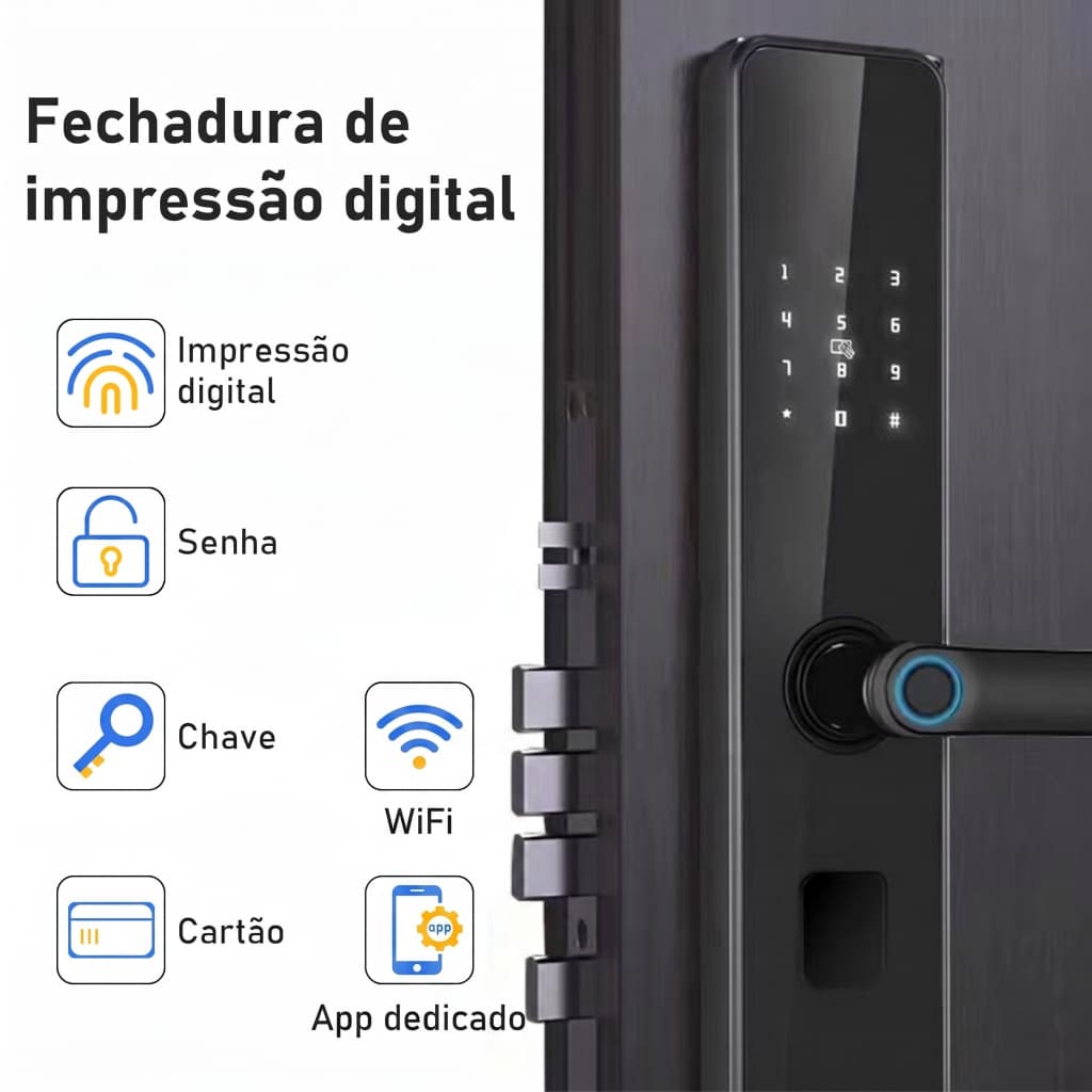 Fechadura Eletrônica Inteligente com Biometria, Senha Touch, Senha, Chave e Tag Wi-Ficontrole independente por aplicatvo
