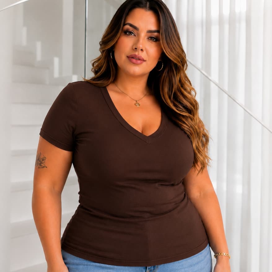 Blusa Plus Size Gola V Baby Look Lisa Feminina Tecido Viscolycra Várias Cores