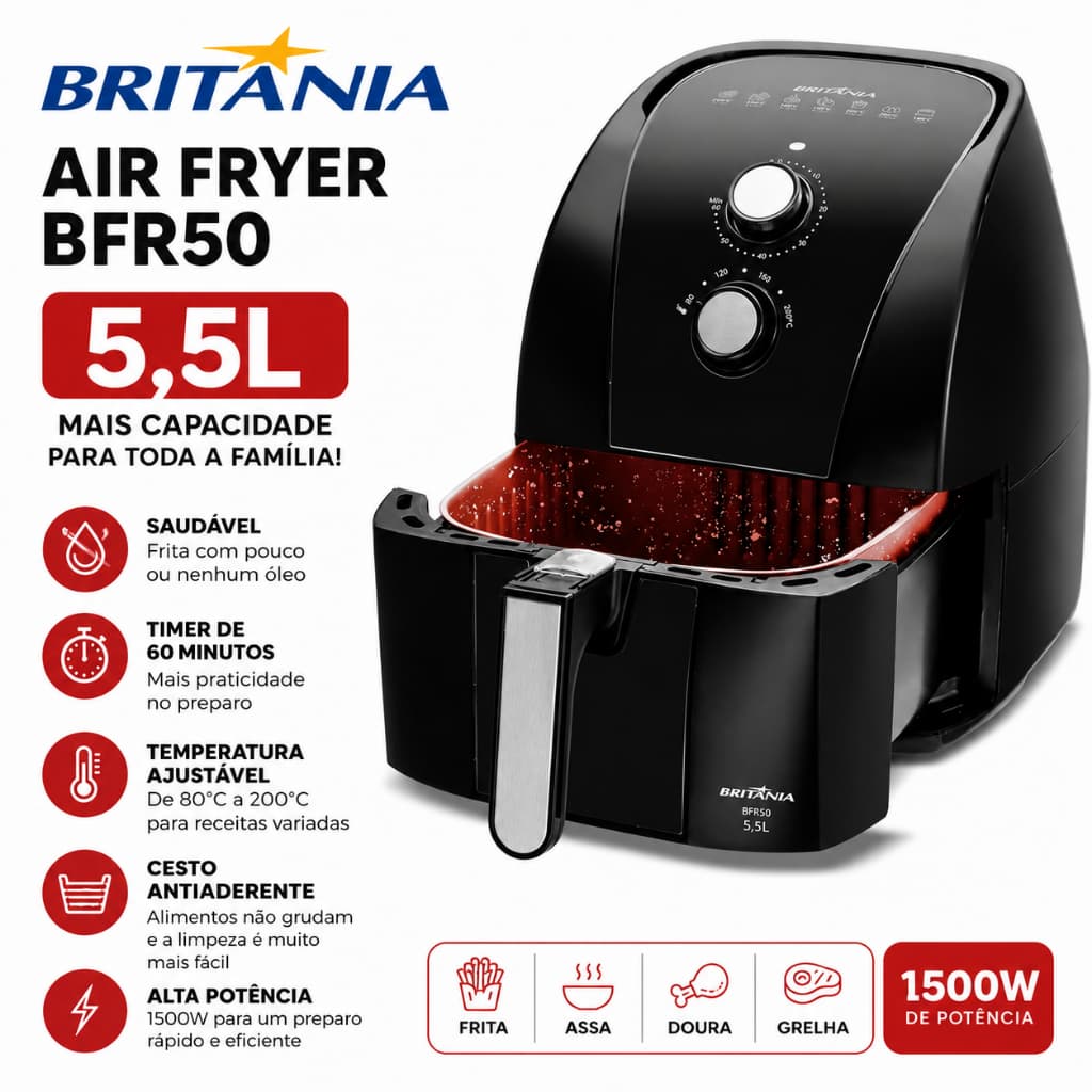 Air Fryer Britânia 5,5L 1500W Redstone Cesto Antiaderente Fritadeira Sem Óleo Timer 60 Min