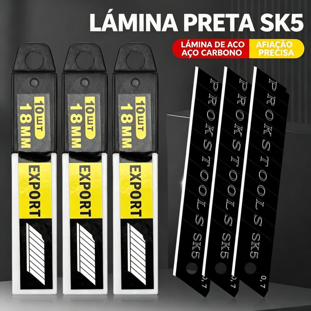 Lâmina Preta SK5 para Estilete 18mm 0,5mm Afiada Durável para Corte de Caixas e Papel