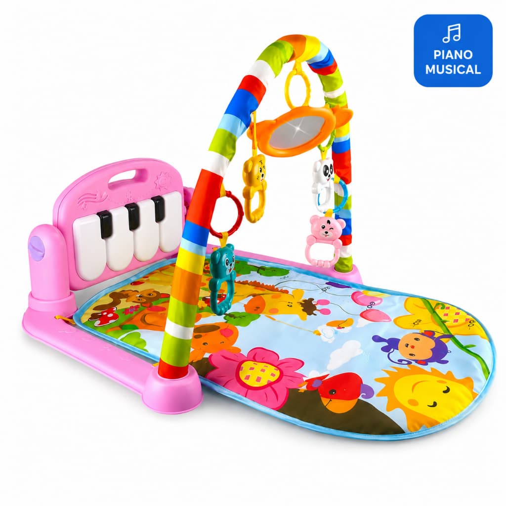 Tapete de Atividades para Bebê com Piano Musical Rosa Baby Gym Educativo 5 Brinquedos Luzes e Sons