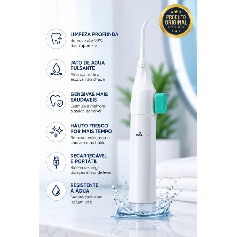 Irrigador Oral Portátil Jato de Água Dental Remove Resíduos Entre os Dentes Limpeza Bucal Profunda Flosser Dental