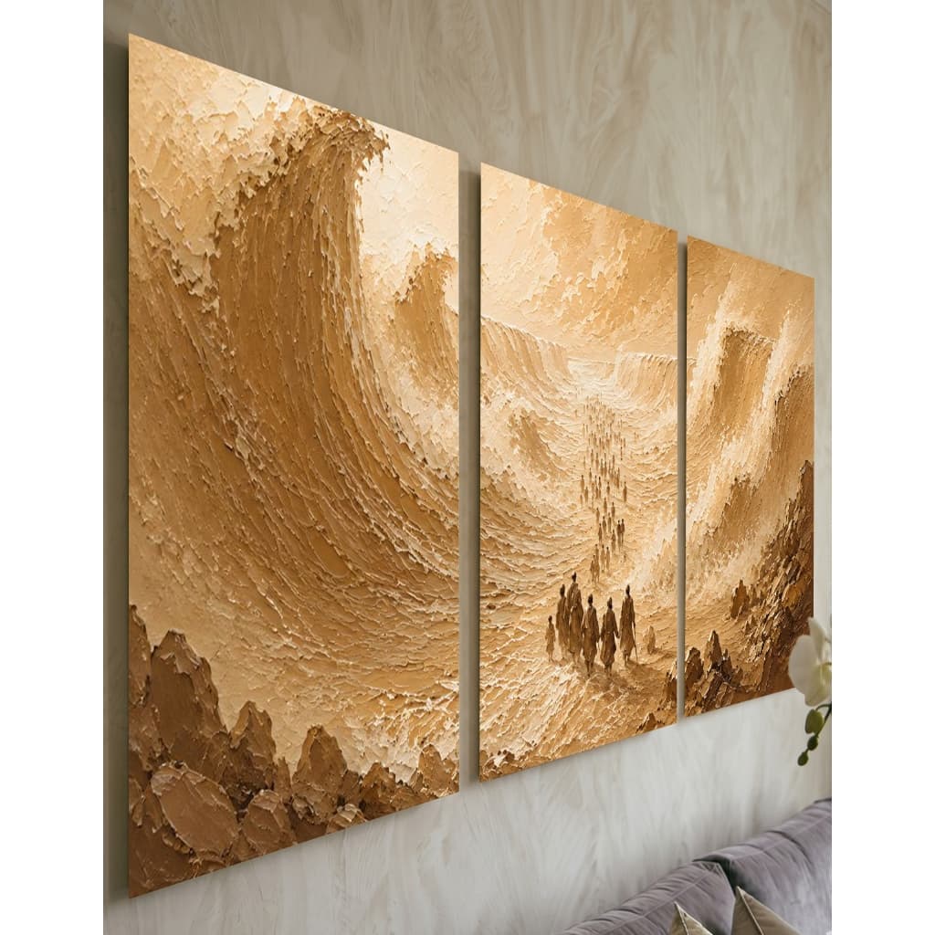 Quadro Decorativo 3 Peças Textura 3D Mar Vermelho Dourado Religioso Sala Quarto Grande Moises