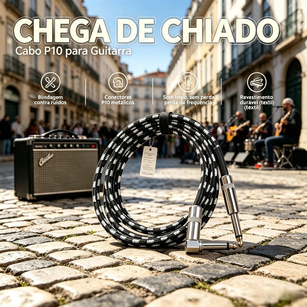 Cabo P10 P10 3m Têxtil Preto e Branco – Para Guitarra, Baixo, Violão – Blindado com Reforço