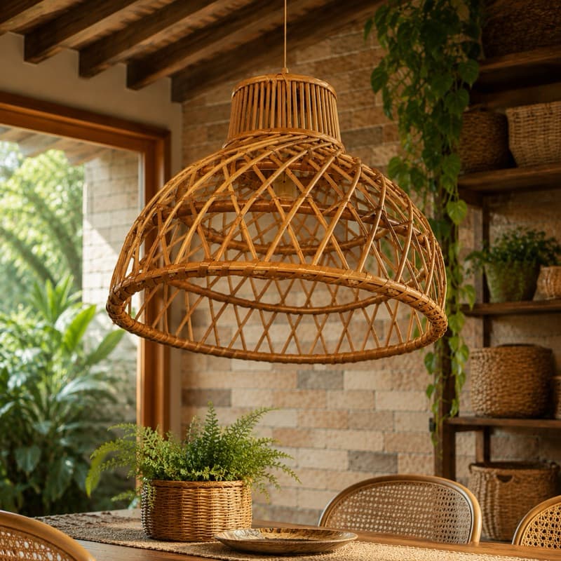 Lustre Pendente Vime Natural Envernizado Artesenal Rústico Amadeirado Luminaria de Teto Rattan Sala de Jantar Cozinha