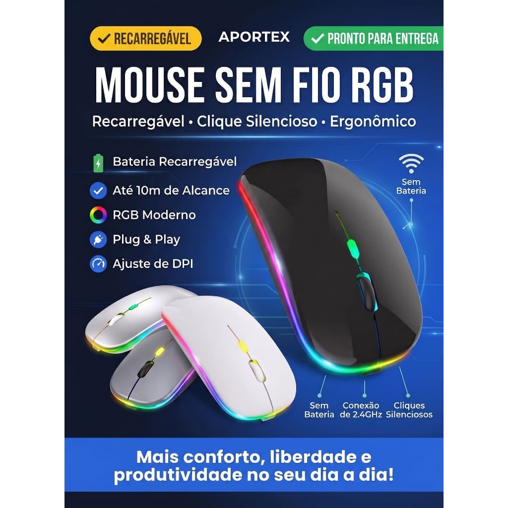 Mini Mouse RGB Silencioso Sem Fio Bluetooth Varias Cores