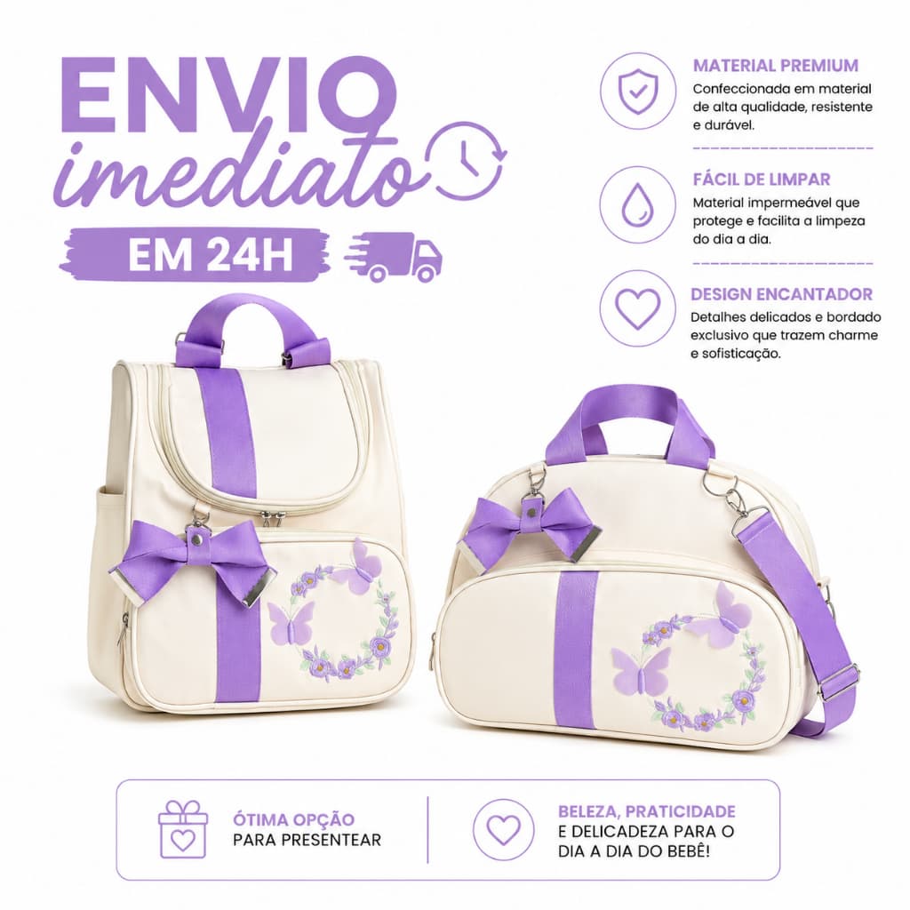 Kit Bolsas de Maternidade 2 Peças Mochila e Mala G com Bordado Borboletas