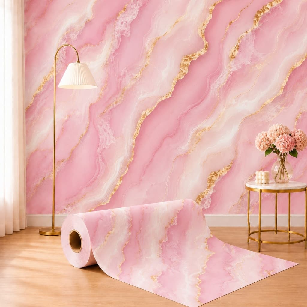 Papel de Parede Adesivo Mármore Rosa Dourado 3D Lavável Autocolante Sala Quarto Cozinha Decoração