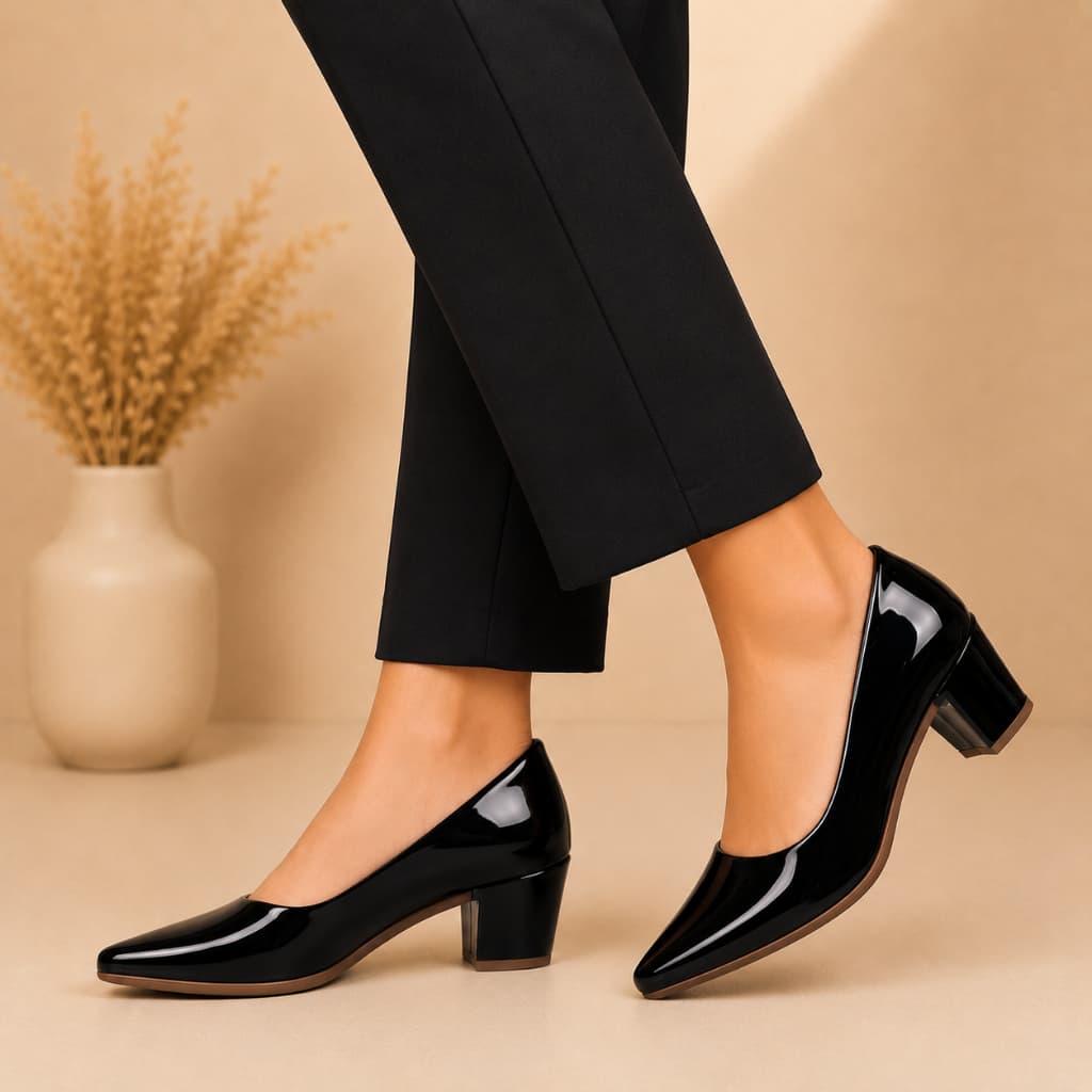 Scarpin Feminino Salto Baixo Bico Fino Confortável Elegante Preto Verniz Napa Nude Casual Trabalho