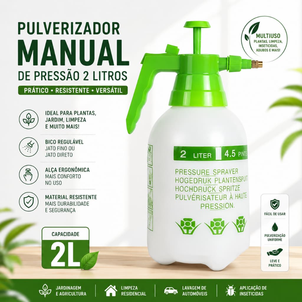 Pulverizador Manual de Pressão 2 Litros Borrifador para Plantas Jardim Limpeza Inseticida e Adubo
